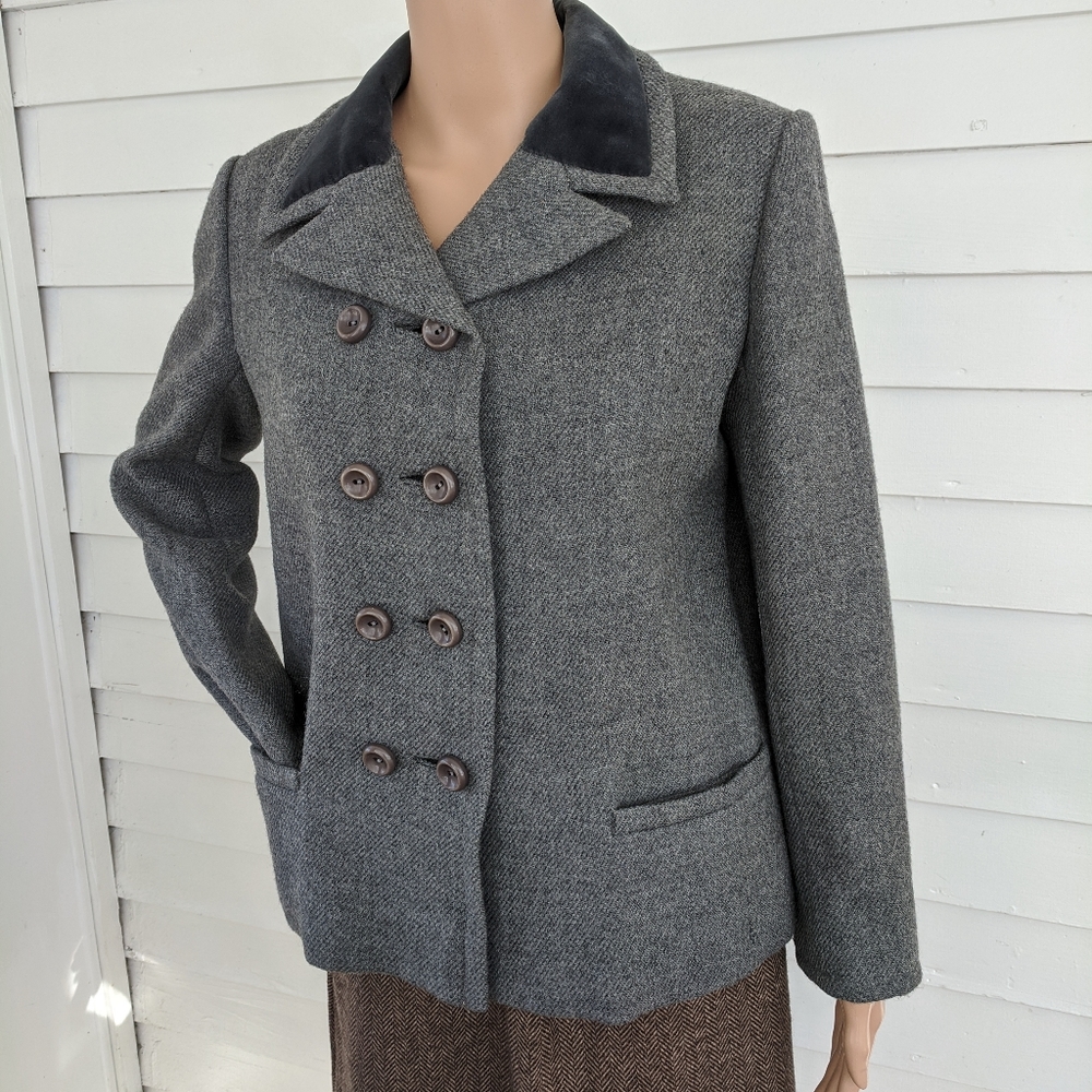 Velvet Collar Gray Double Breasted Wool Jacket 60s Vintage S